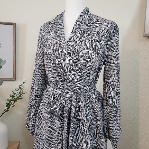 A New Day Black + White Wrap Midi Dress with Adjustable Tie Belt - Picture 3 of 12